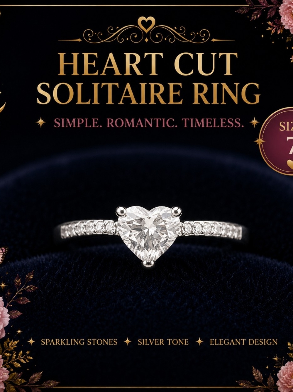 Heart Cut Solitaire Ring in Silver Tone with Clear Stone Size 7!